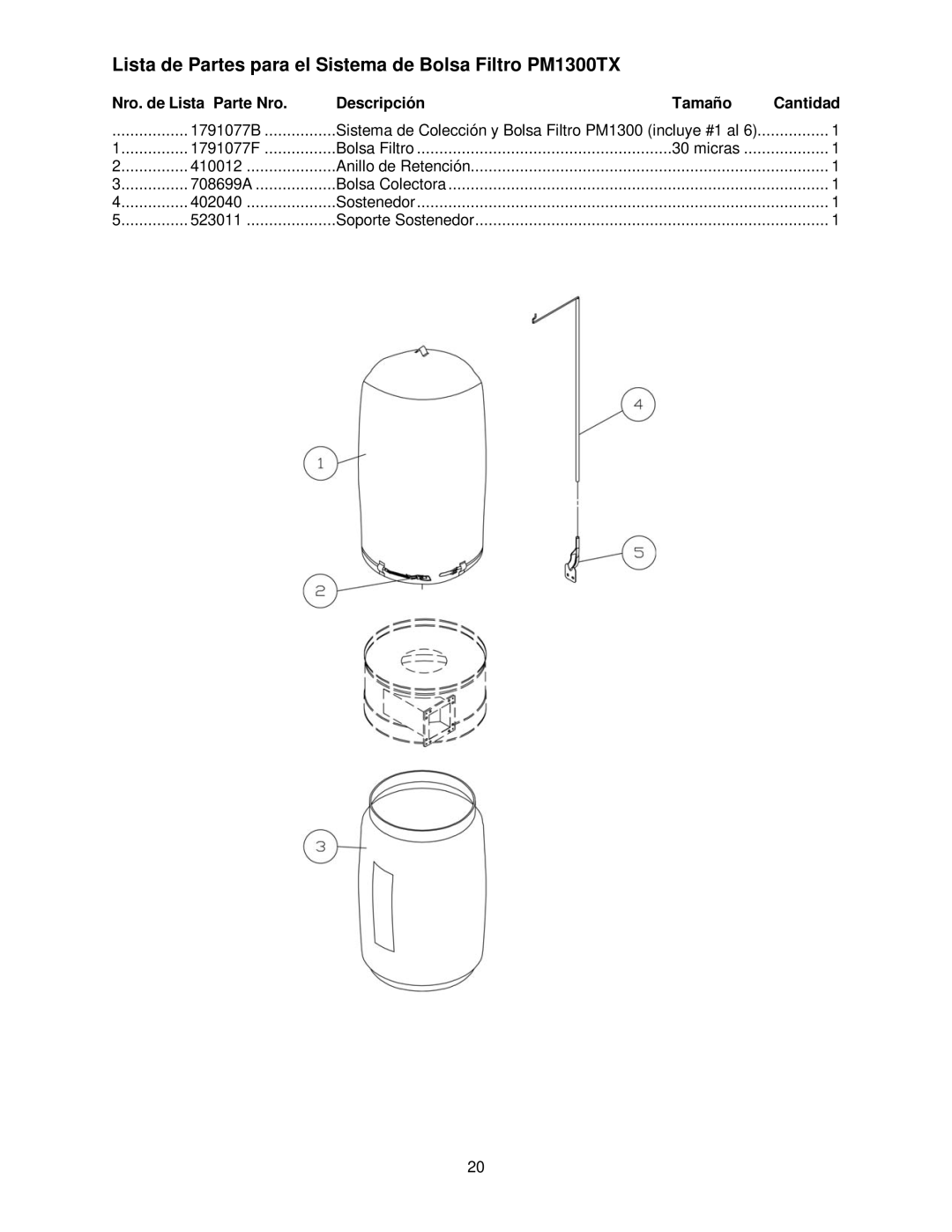 Powermatic manual Lista de Partes para el Sistema de Bolsa Filtro PM1300TX 