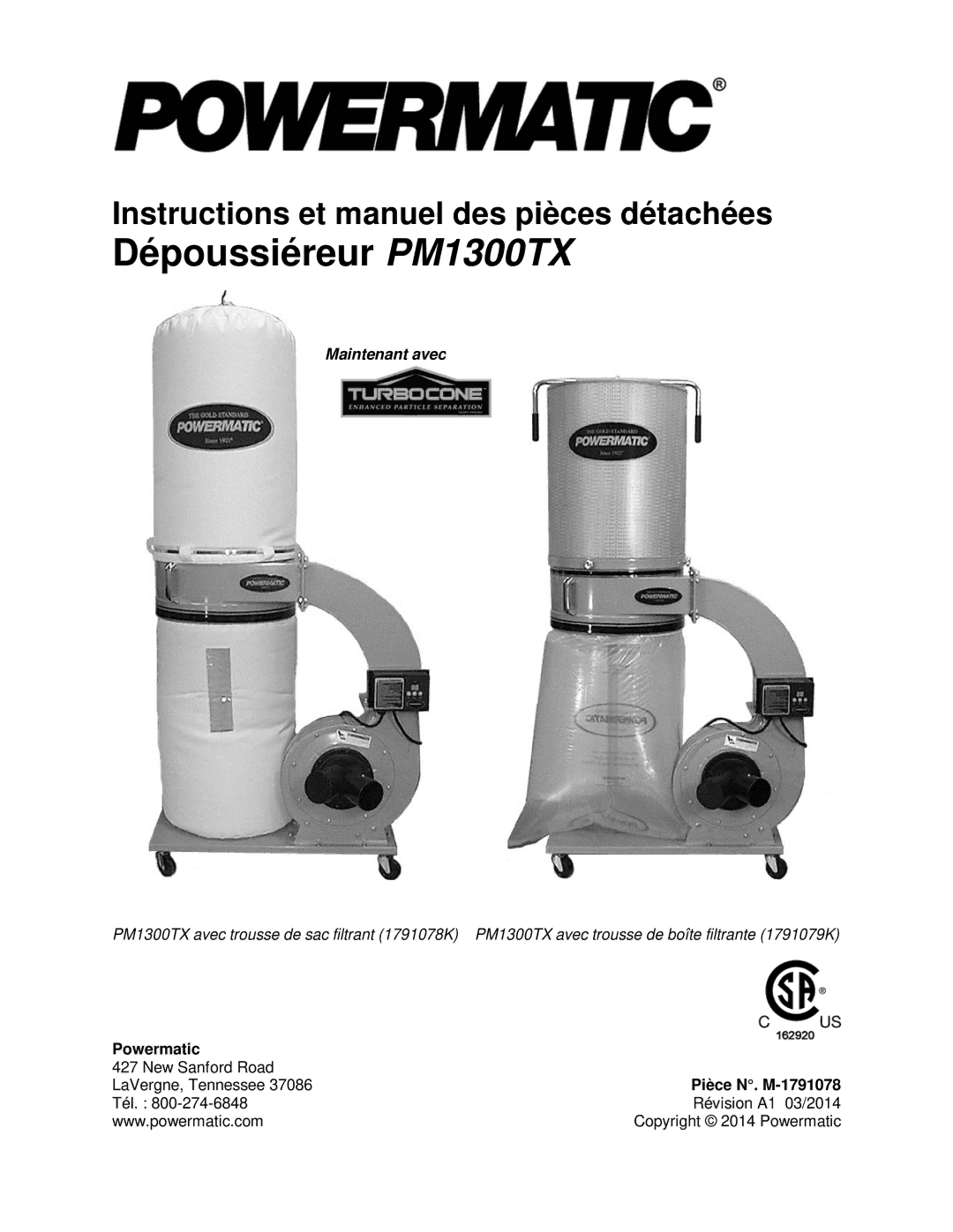 Powermatic manual Dépoussiéreur PM1300TX, Pièce N. M-1791078 