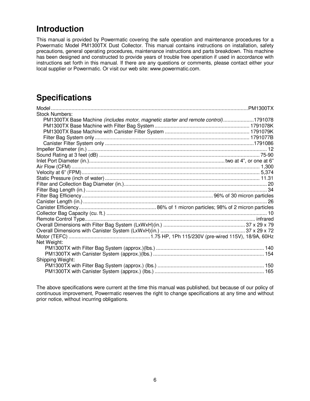 Powermatic PM1300TX manual Introduction Specifications 