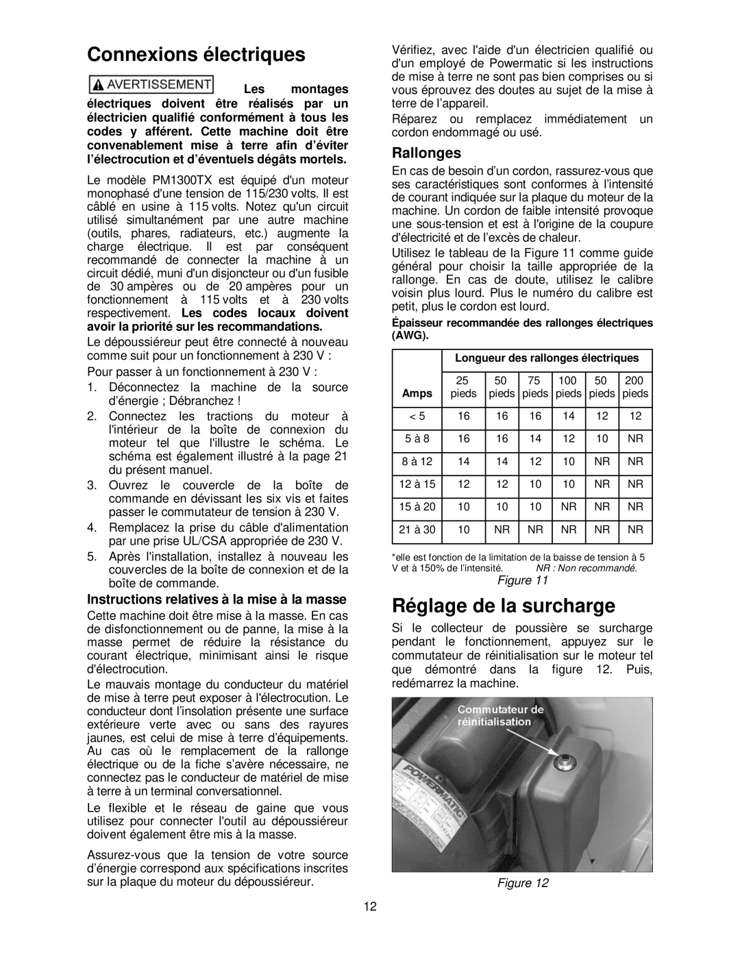 Powermatic PM1300TX manual Connexions électriques, Réglage de la surcharge, Rallonges 