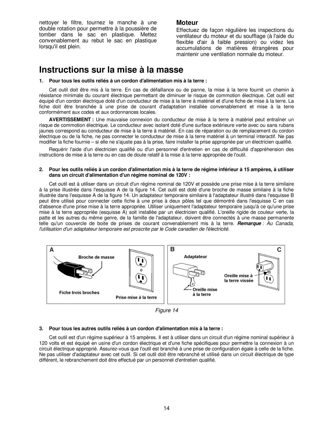 Powermatic PM1300TX manual Instructions sur la mise à la masse, Moteur 