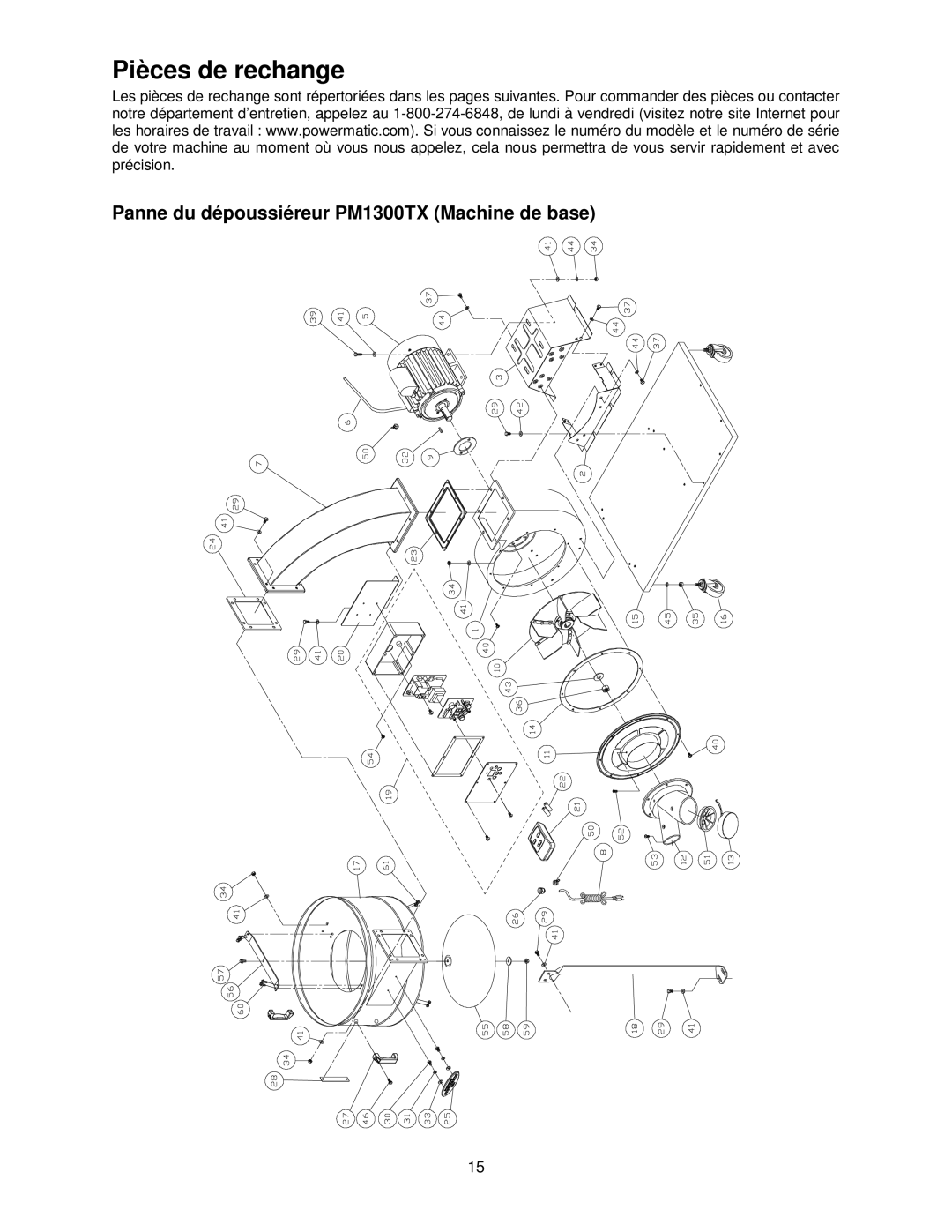 Powermatic manual Pièces de rechange, Panne du dépoussiéreur PM1300TX Machine de base 