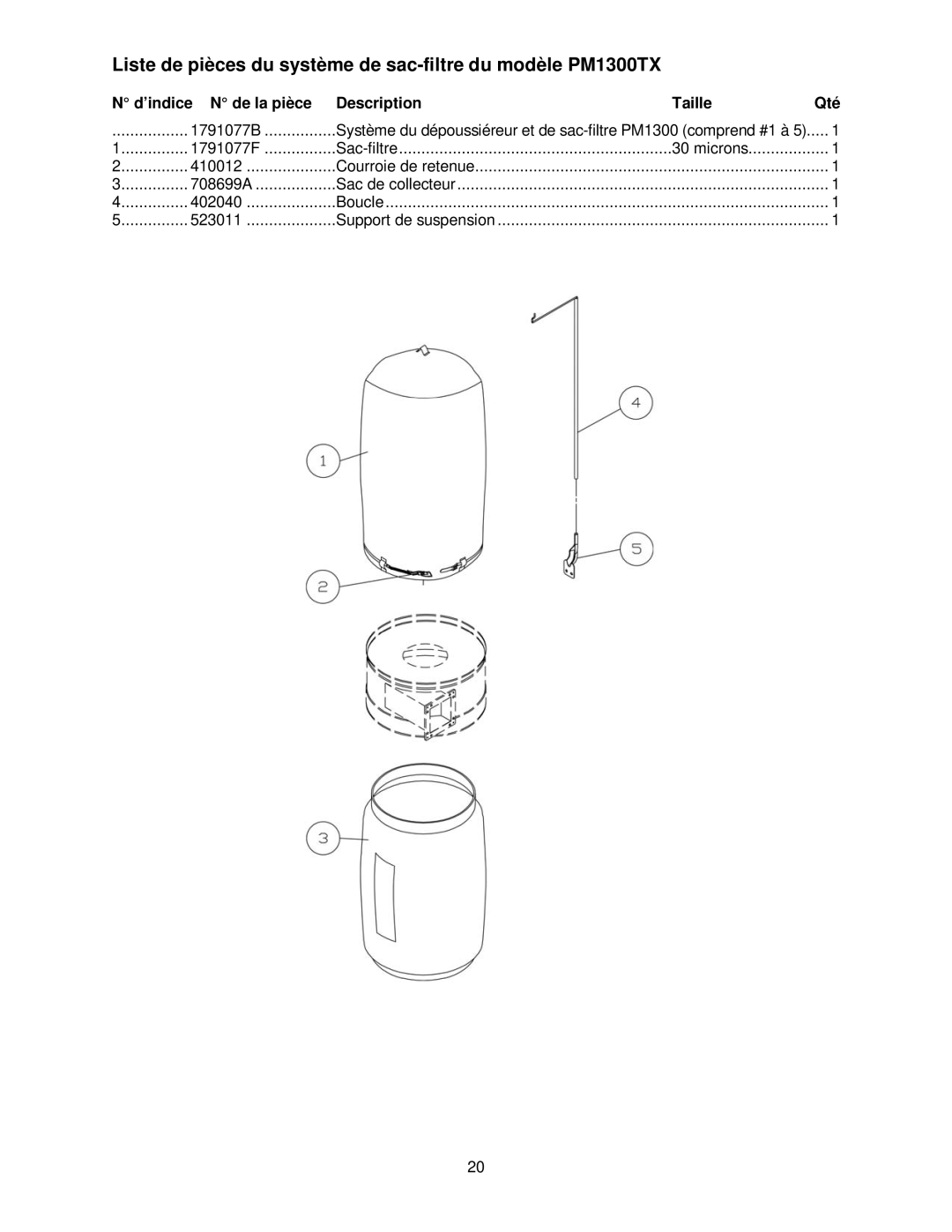 Powermatic manual Liste de pièces du système de sac-filtre du modèle PM1300TX 