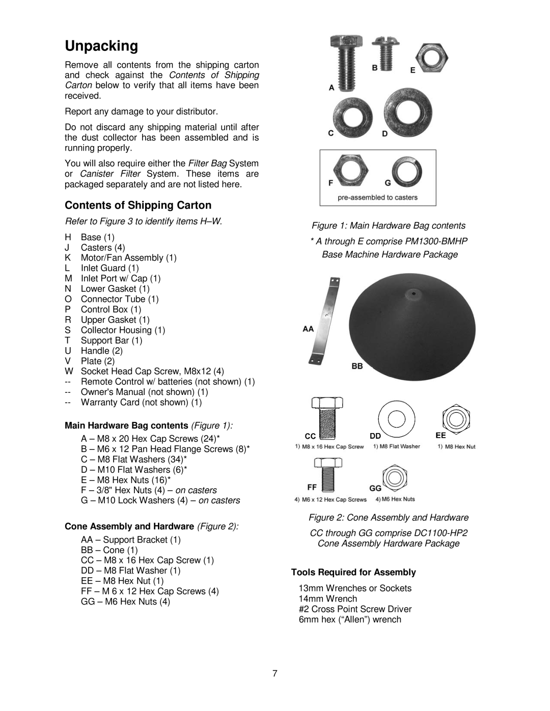 Powermatic PM1300TX manual Unpacking, Contents of Shipping Carton 