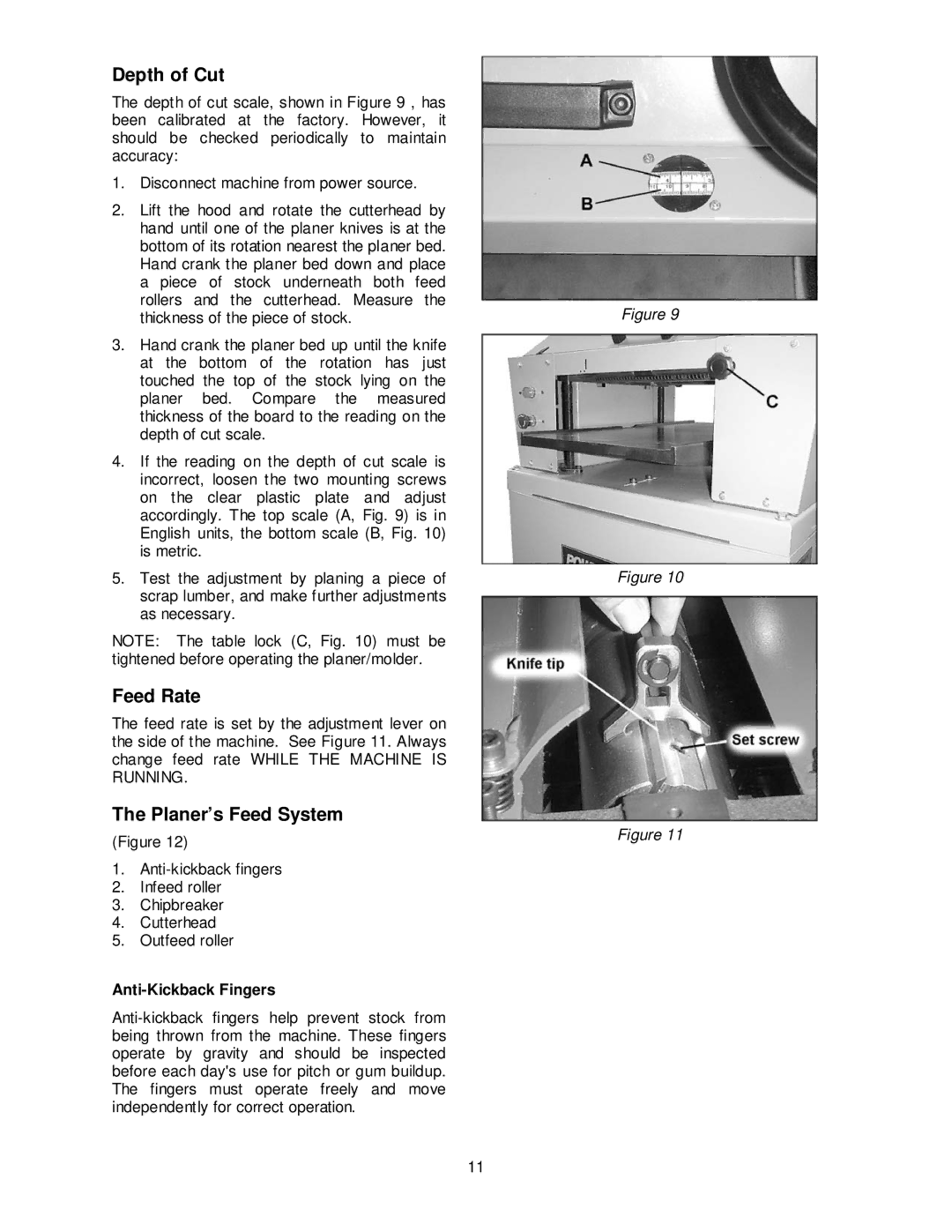 Powermatic PM15 operating instructions Depth of Cut, Feed Rate, Planer’s Feed System, Anti-Kickback Fingers 