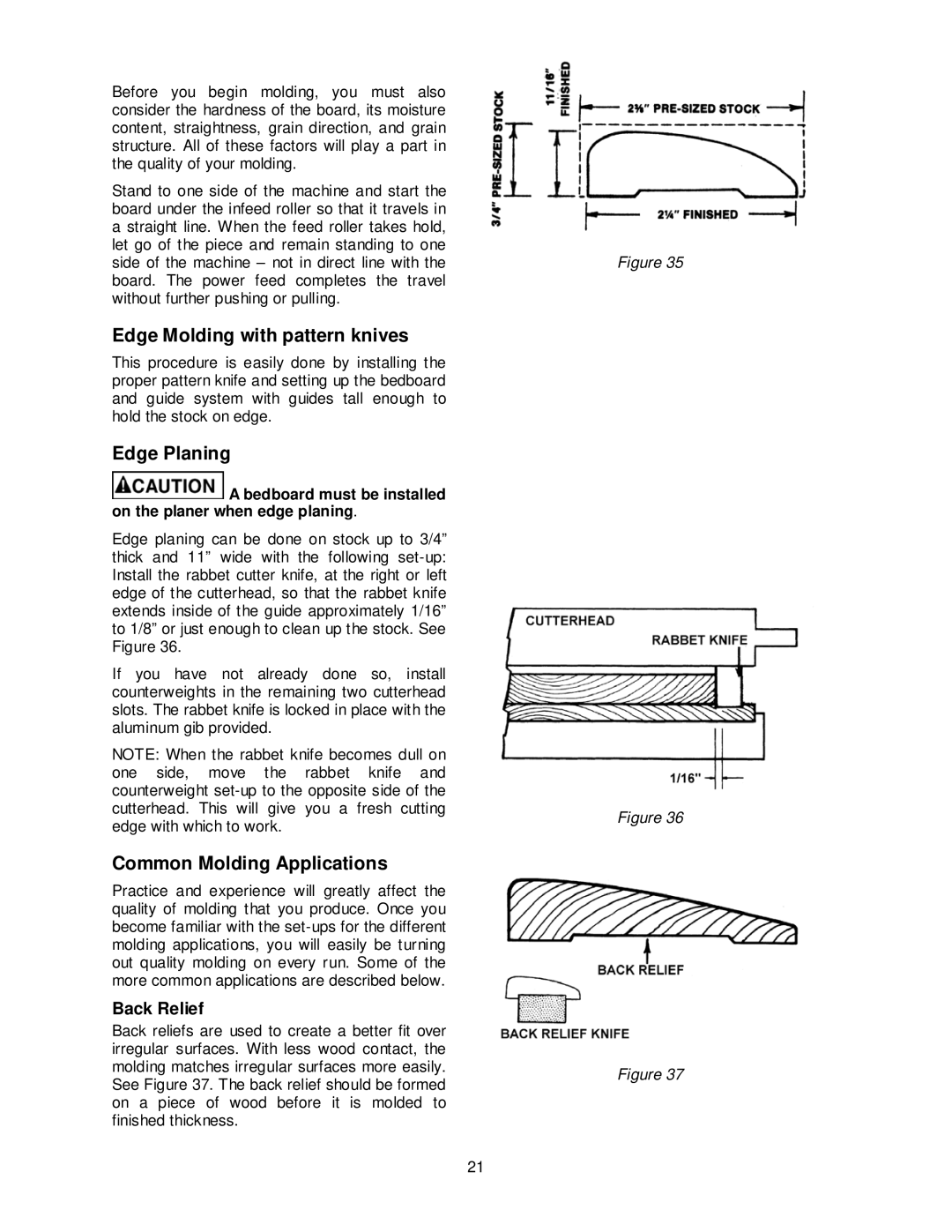 Powermatic PM15 operating instructions Edge Molding with pattern knives, Edge Planing, Common Molding Applications 