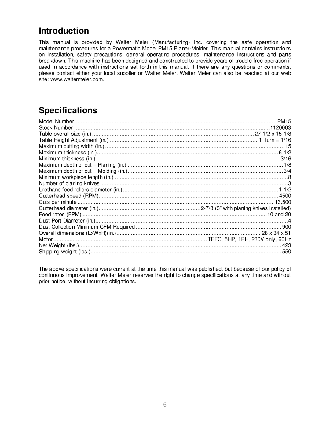 Powermatic PM15 operating instructions Introduction Specifications, Turn = 1/16 