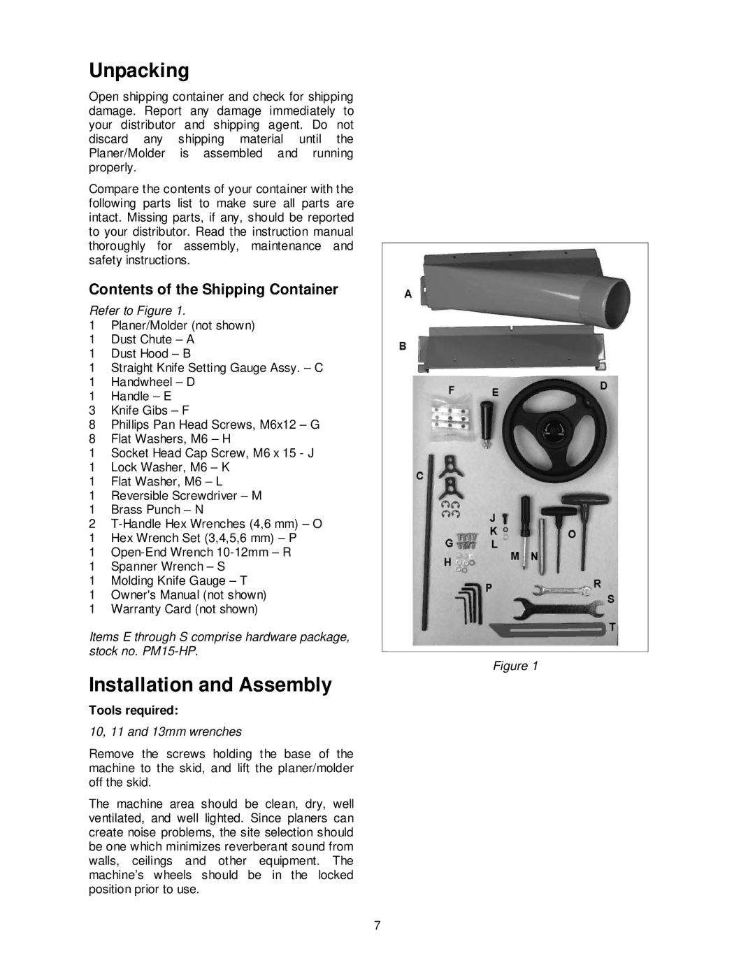 Powermatic PM15 operating instructions Unpacking, Installation and Assembly, Contents of the Shipping Container 