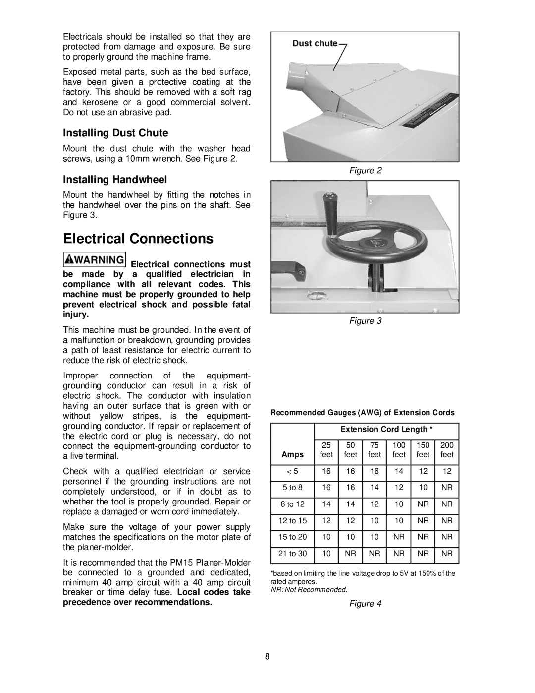 Powermatic PM15 operating instructions Electrical Connections, Installing Dust Chute, Installing Handwheel 