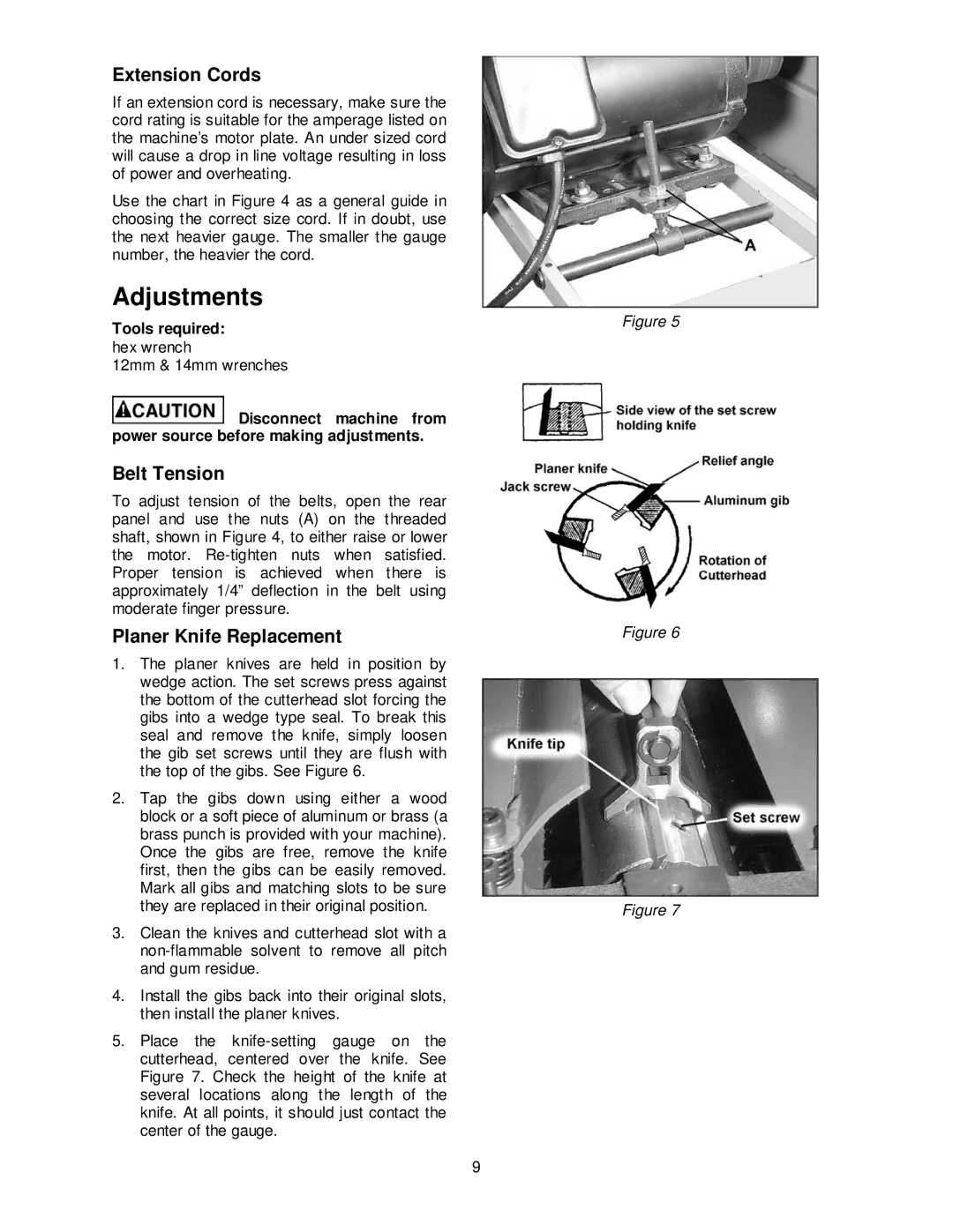 Powermatic PM15 Adjustments, Extension Cords, Belt Tension, Planer Knife Replacement, Tools required hex wrench 