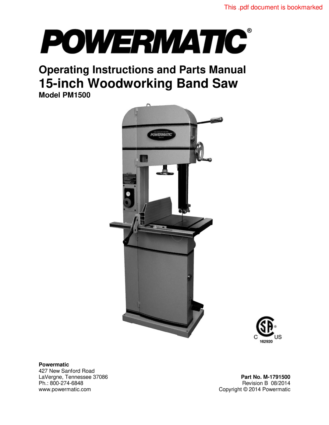 Powermatic PM1500 operating instructions Inch Woodworking Band Saw 