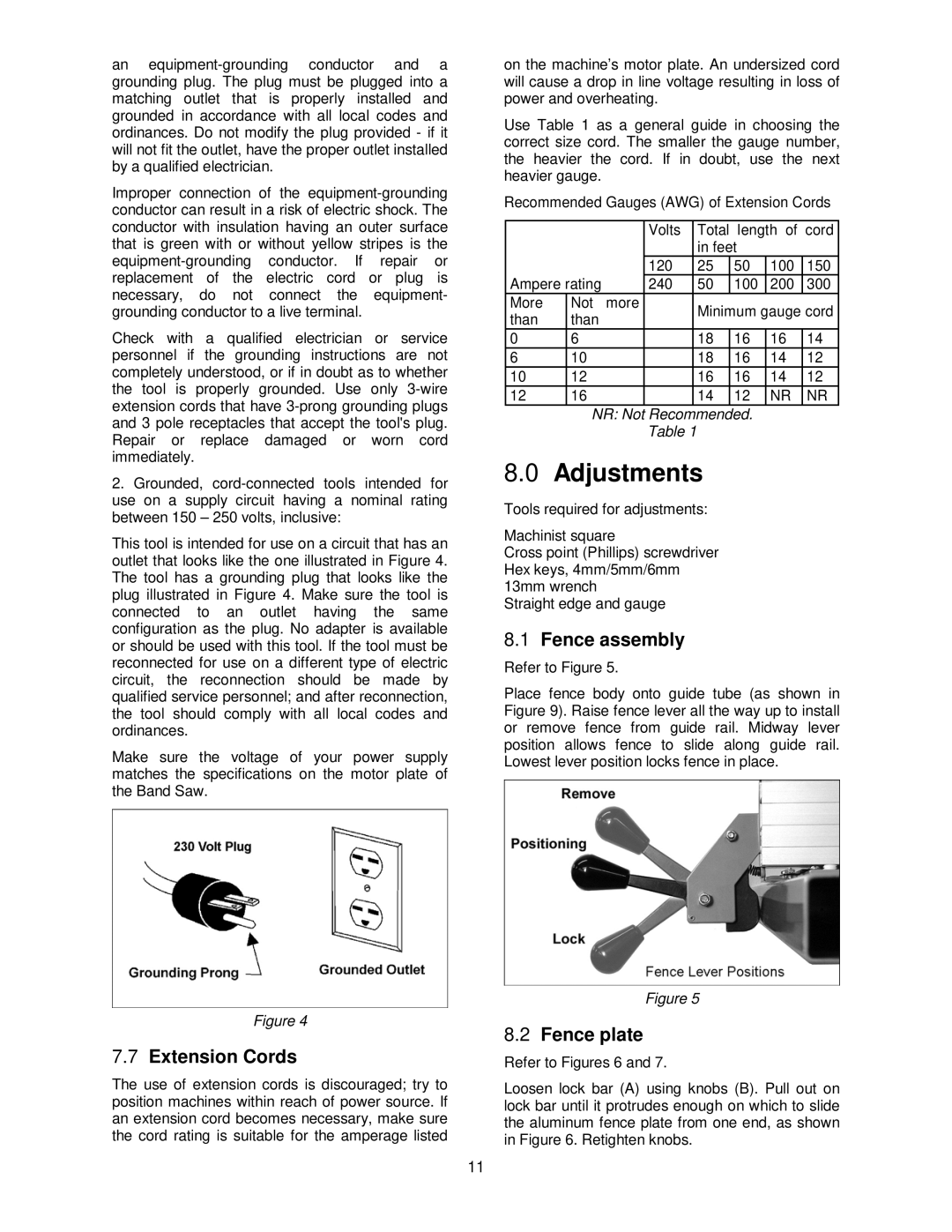 Powermatic PM1500 operating instructions Adjustments, Fence assembly, Extension Cords, Fence plate 