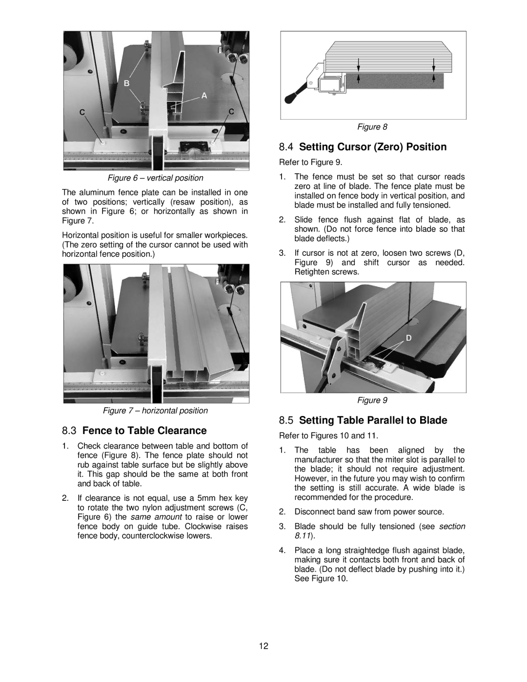 Powermatic PM1500 Fence to Table Clearance, Setting Cursor Zero Position, Setting Table Parallel to Blade 