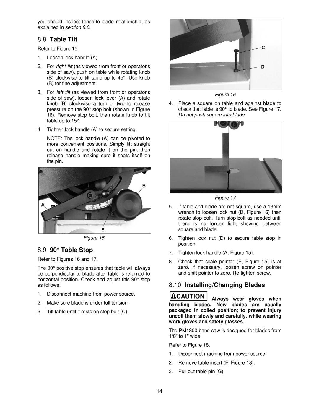 Powermatic PM1500 operating instructions Table Tilt, Table Stop, Installing/Changing Blades 