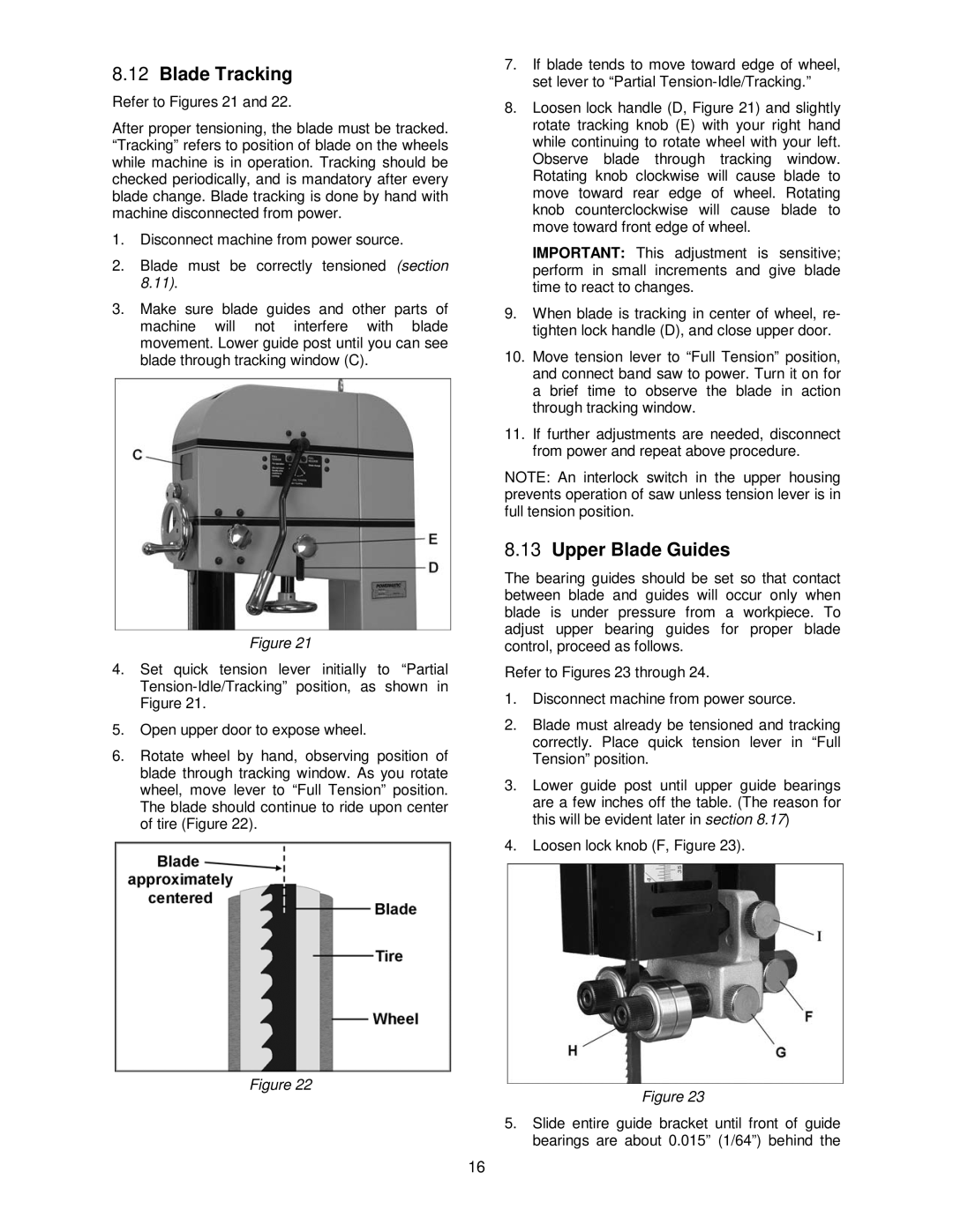 Powermatic PM1500 operating instructions Blade Tracking, Upper Blade Guides 