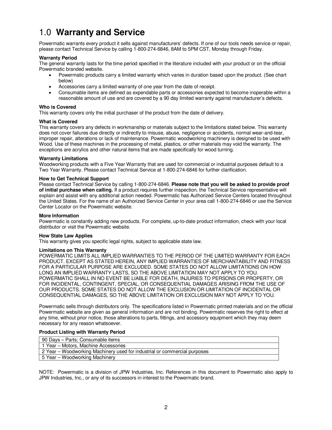 Powermatic PM1500 operating instructions Warranty and Service, Warranty Period 