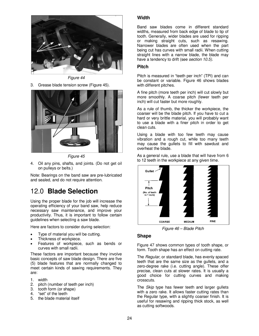 Powermatic PM1500 operating instructions Blade Selection, Width 