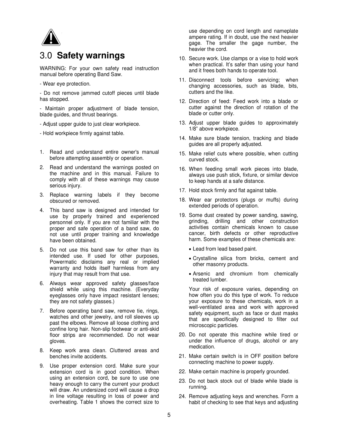 Powermatic PM1500 operating instructions Safety warnings 