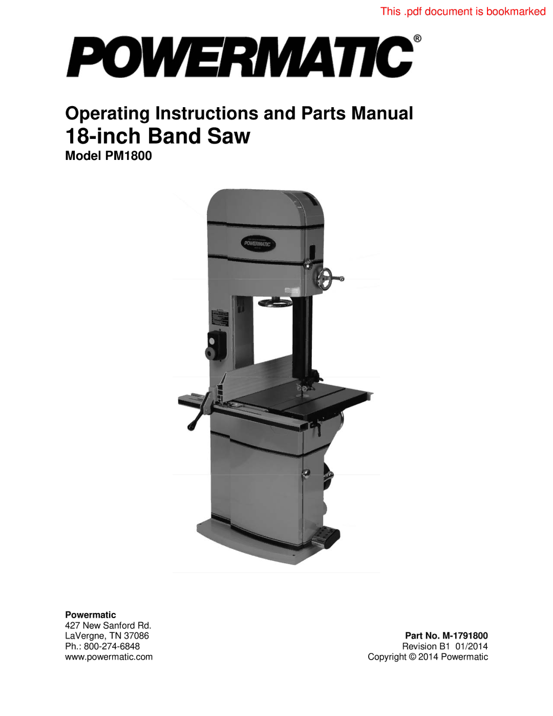 Powermatic PM1800 operating instructions Inch Band Saw 