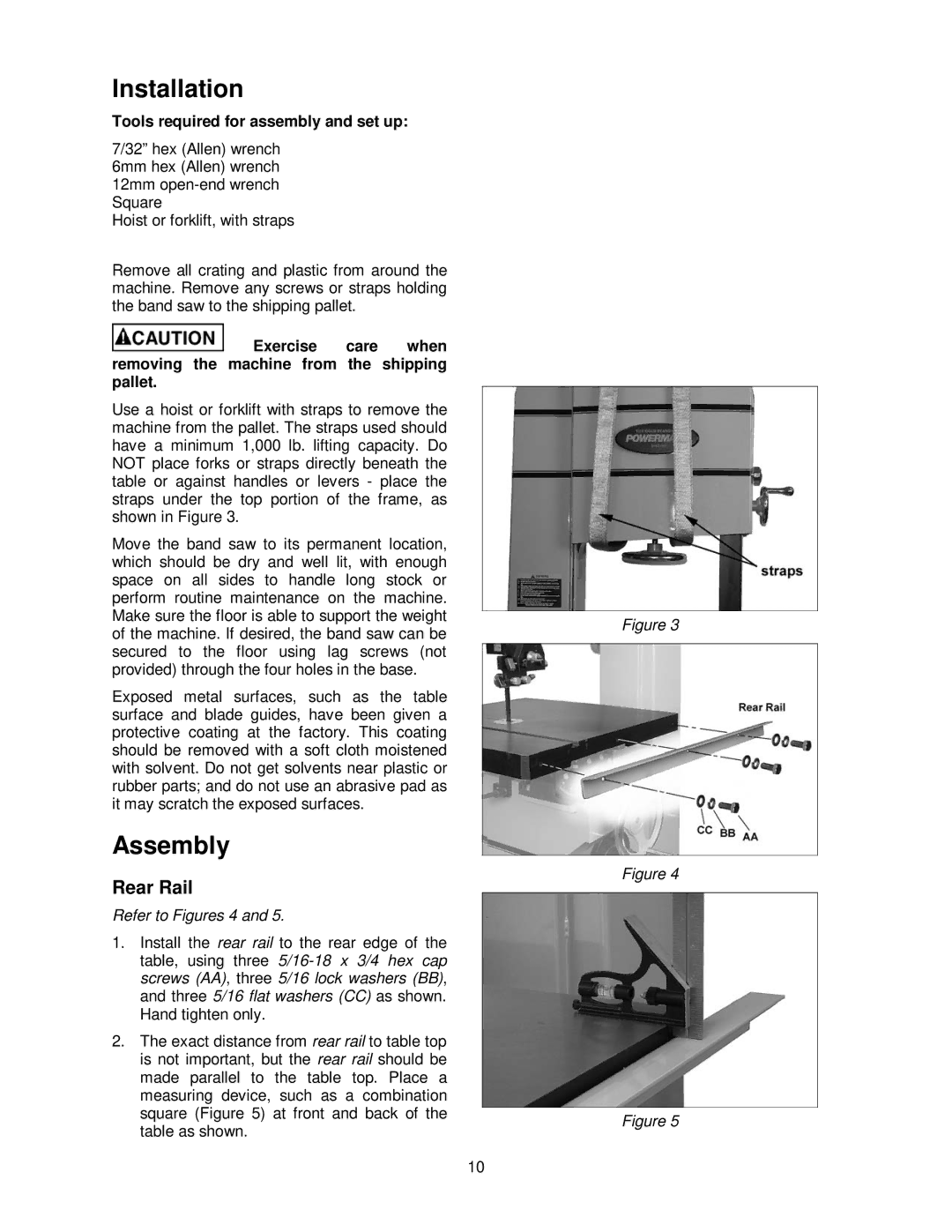 Powermatic PM1800 operating instructions Installation, Assembly, Rear Rail, Refer to Figures 4 