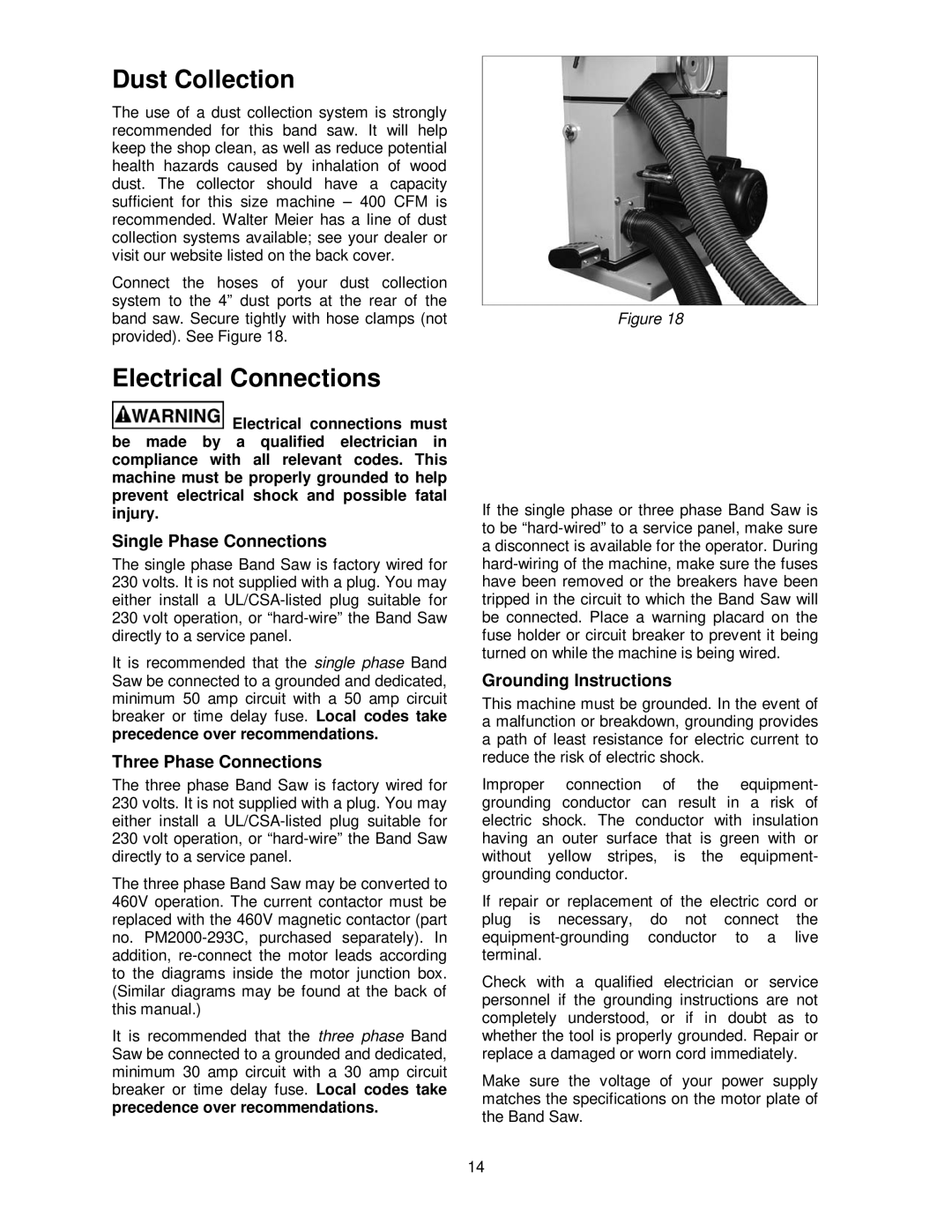 Powermatic PM1800 operating instructions Dust Collection, Electrical Connections 