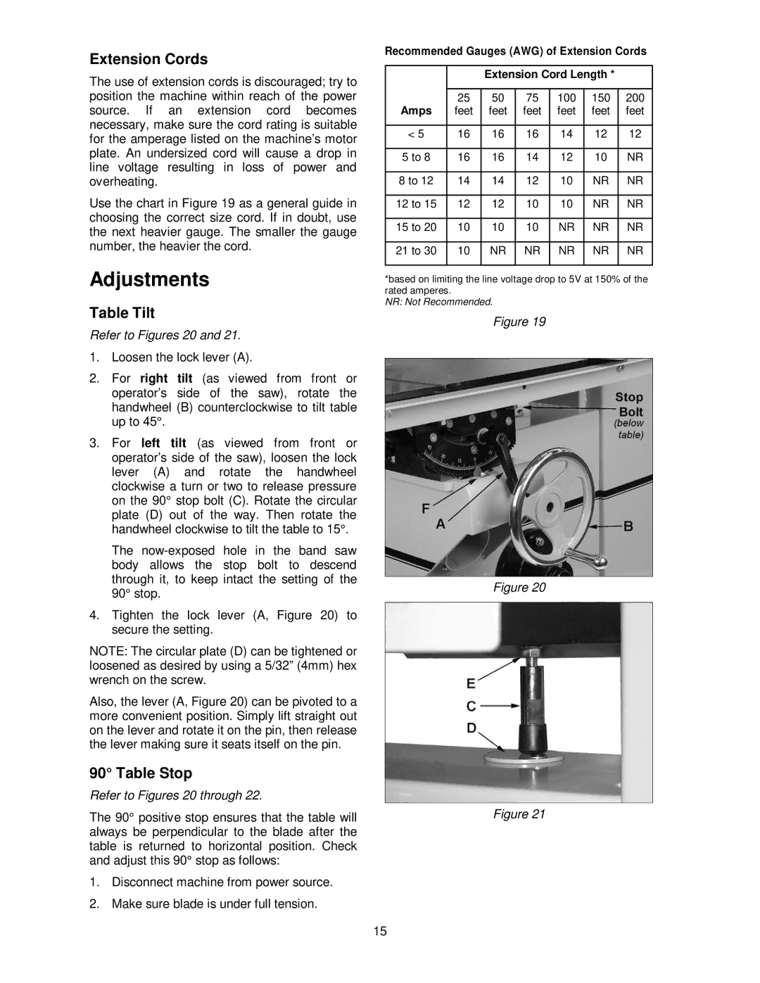 Powermatic PM1800 operating instructions Adjustments, Extension Cords, Table Tilt, Table Stop 