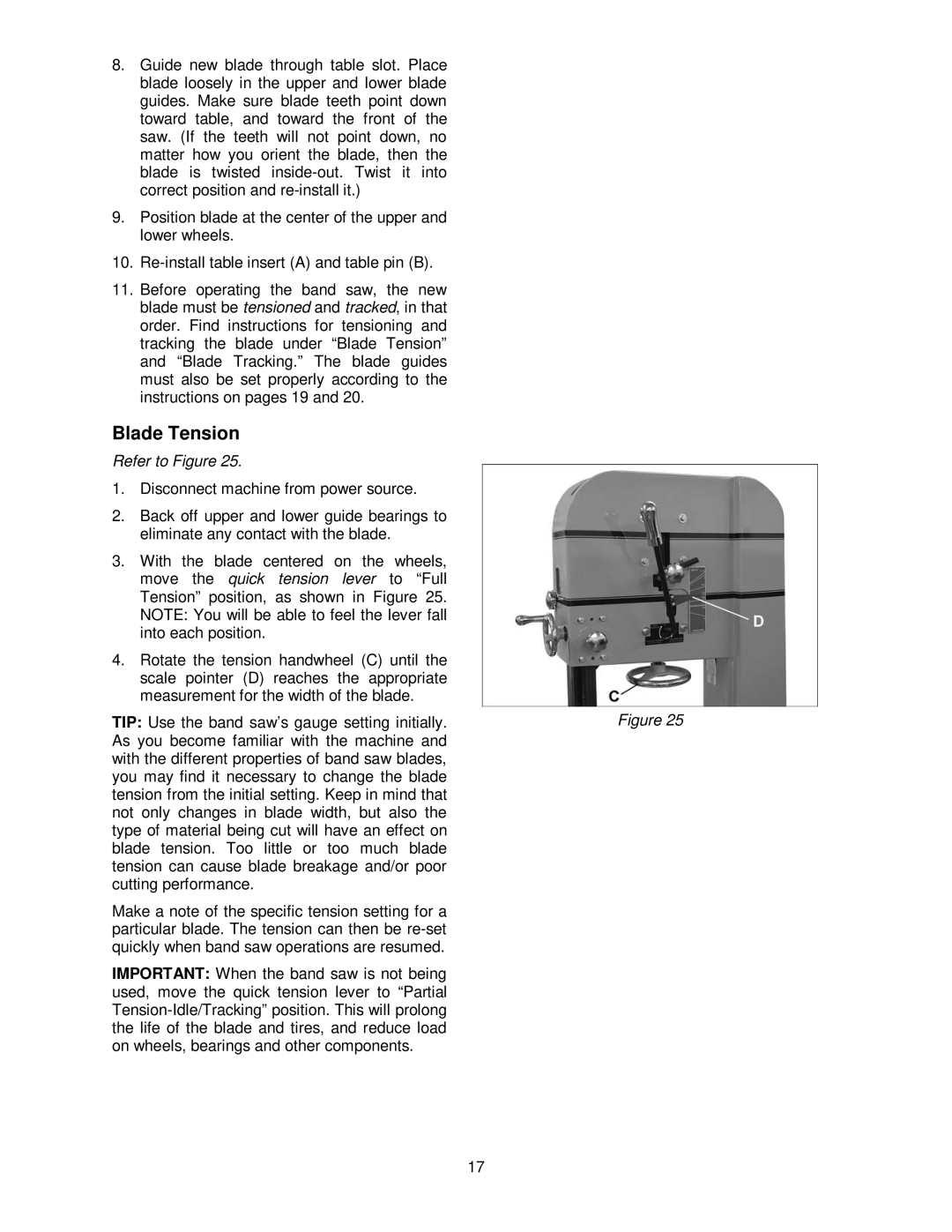 Powermatic PM1800 operating instructions Blade Tension, Refer to Figure 