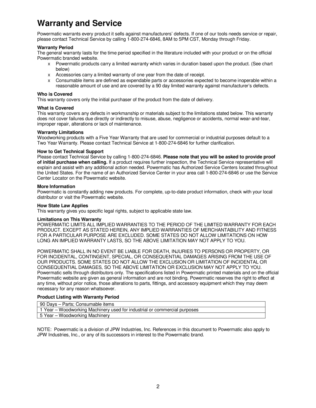 Powermatic PM1800 operating instructions Warranty and Service, Warranty Period 