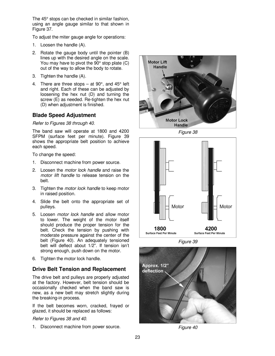 Powermatic PM1800 Blade Speed Adjustment, Drive Belt Tension and Replacement, Refer to Figures 38 through 