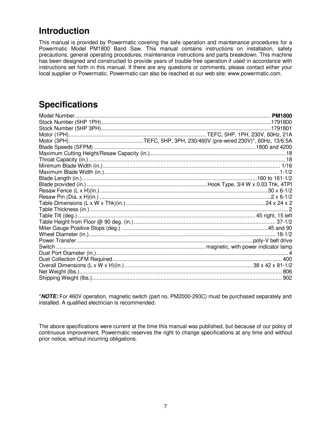 Powermatic PM1800 operating instructions Introduction Specifications 