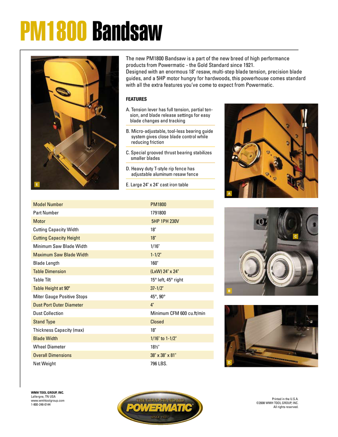 Powermatic PM1800 manual Features 