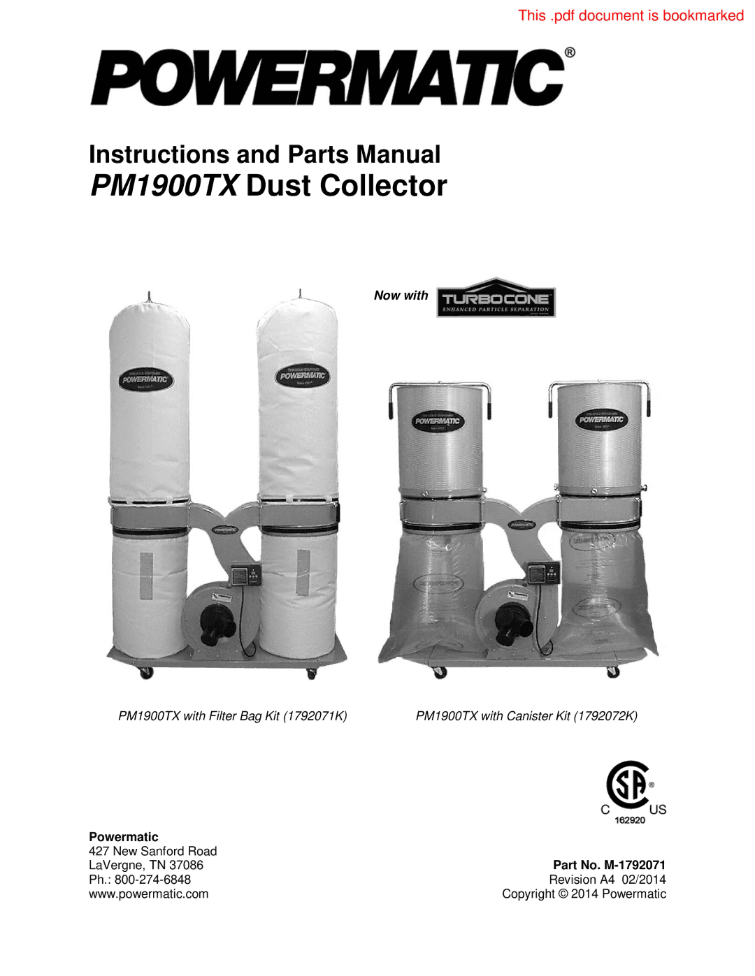 Powermatic PM1900TX manual Powermatic, Part No. M-1792071 