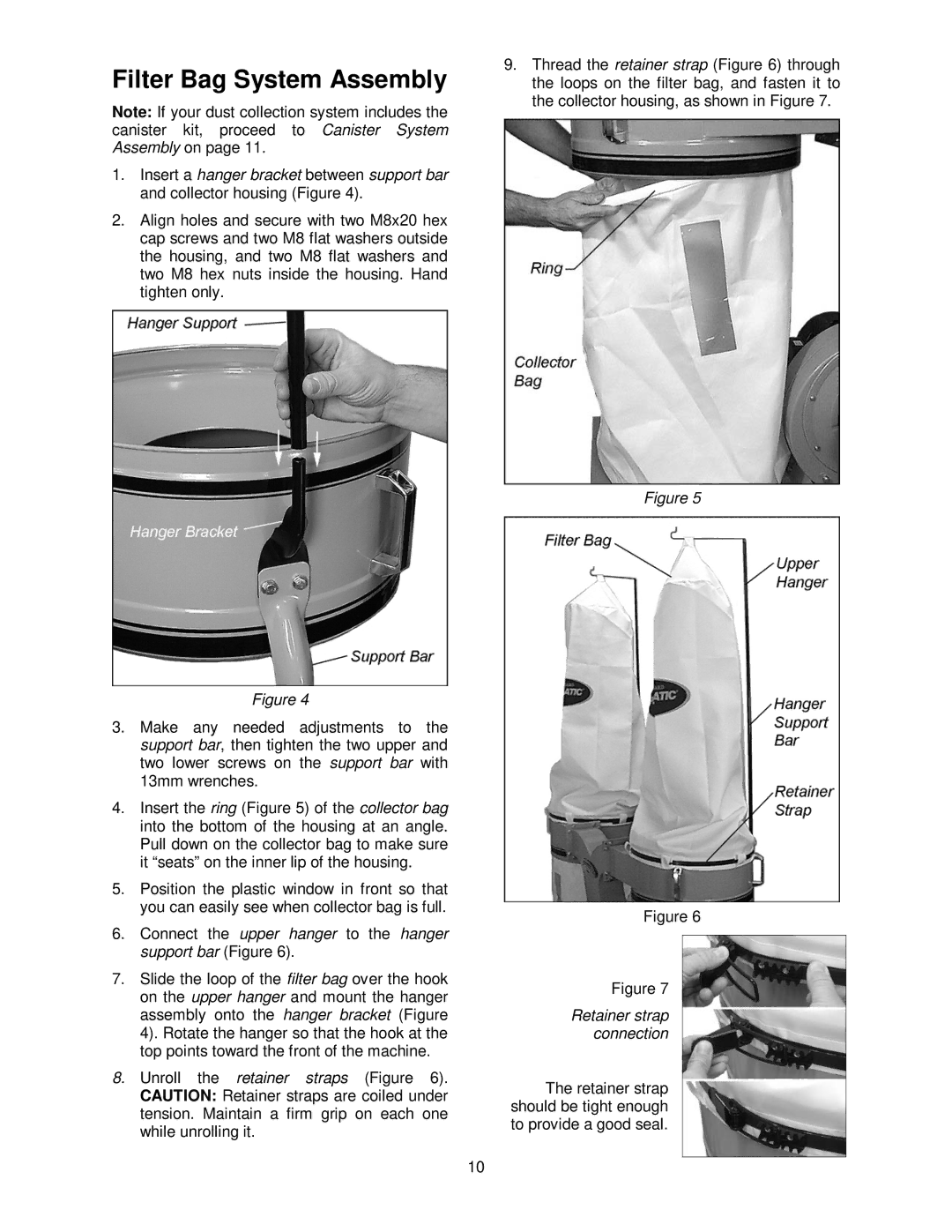 Powermatic PM1900TX manual Filter Bag System Assembly, Connect the upper hanger to the hanger support bar Figure 