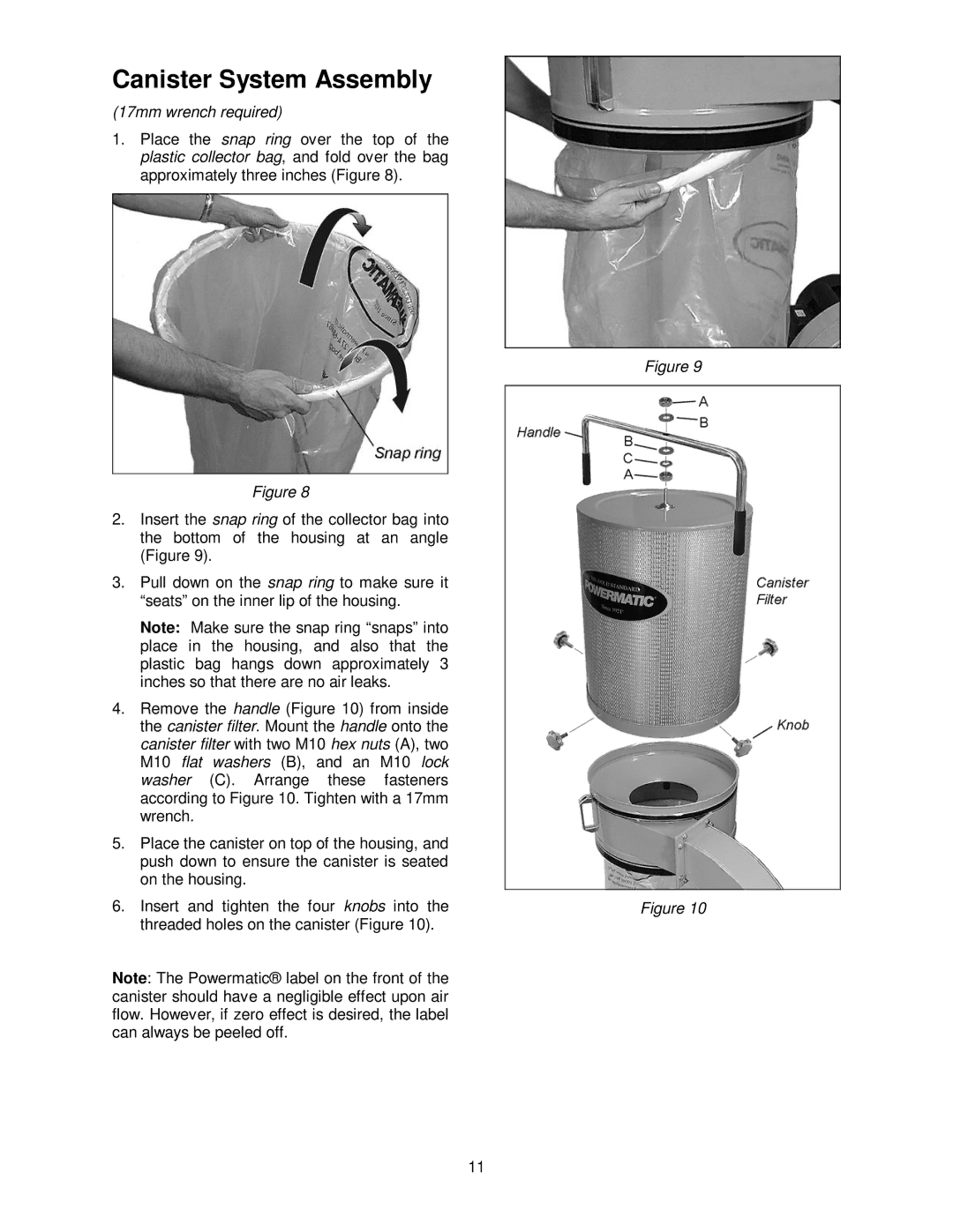 Powermatic PM1900TX manual Canister System Assembly, 17mm wrench required 