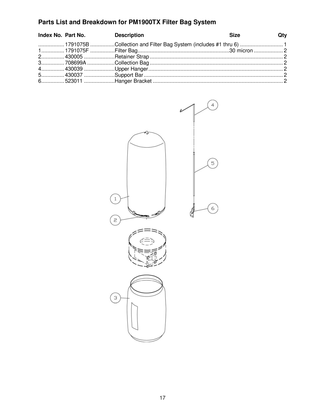 Powermatic manual Parts List and Breakdown for PM1900TX Filter Bag System, 1791075F 