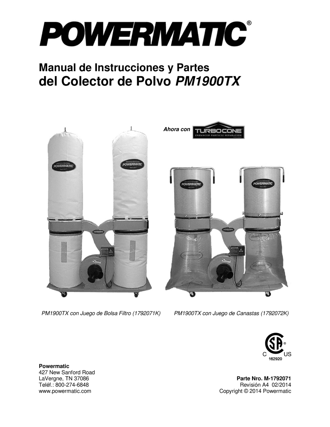 Powermatic manual Del Colector de Polvo PM1900TX, Parte Nro. M-1792071 