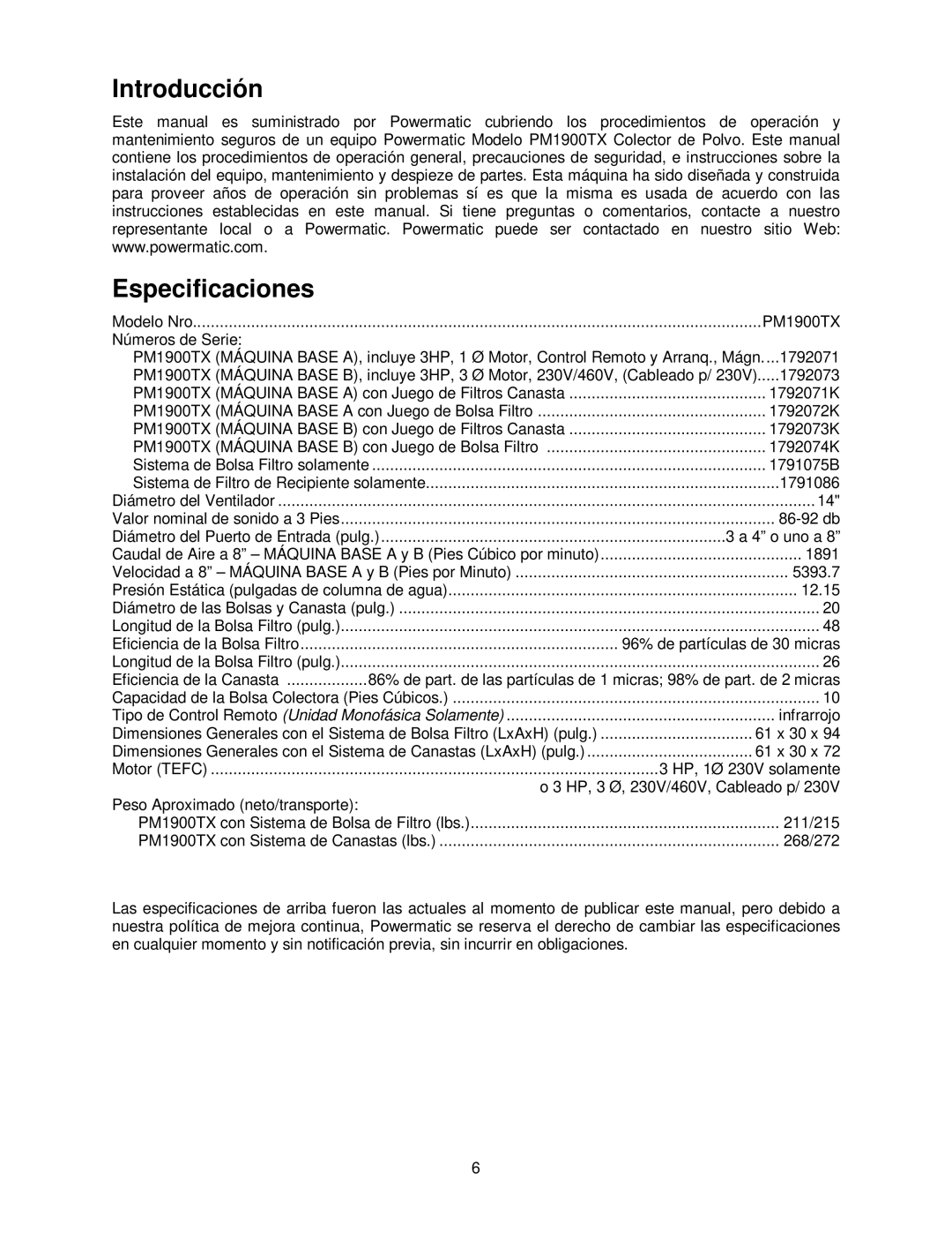 Powermatic PM1900TX manual Introducción Especificaciones 