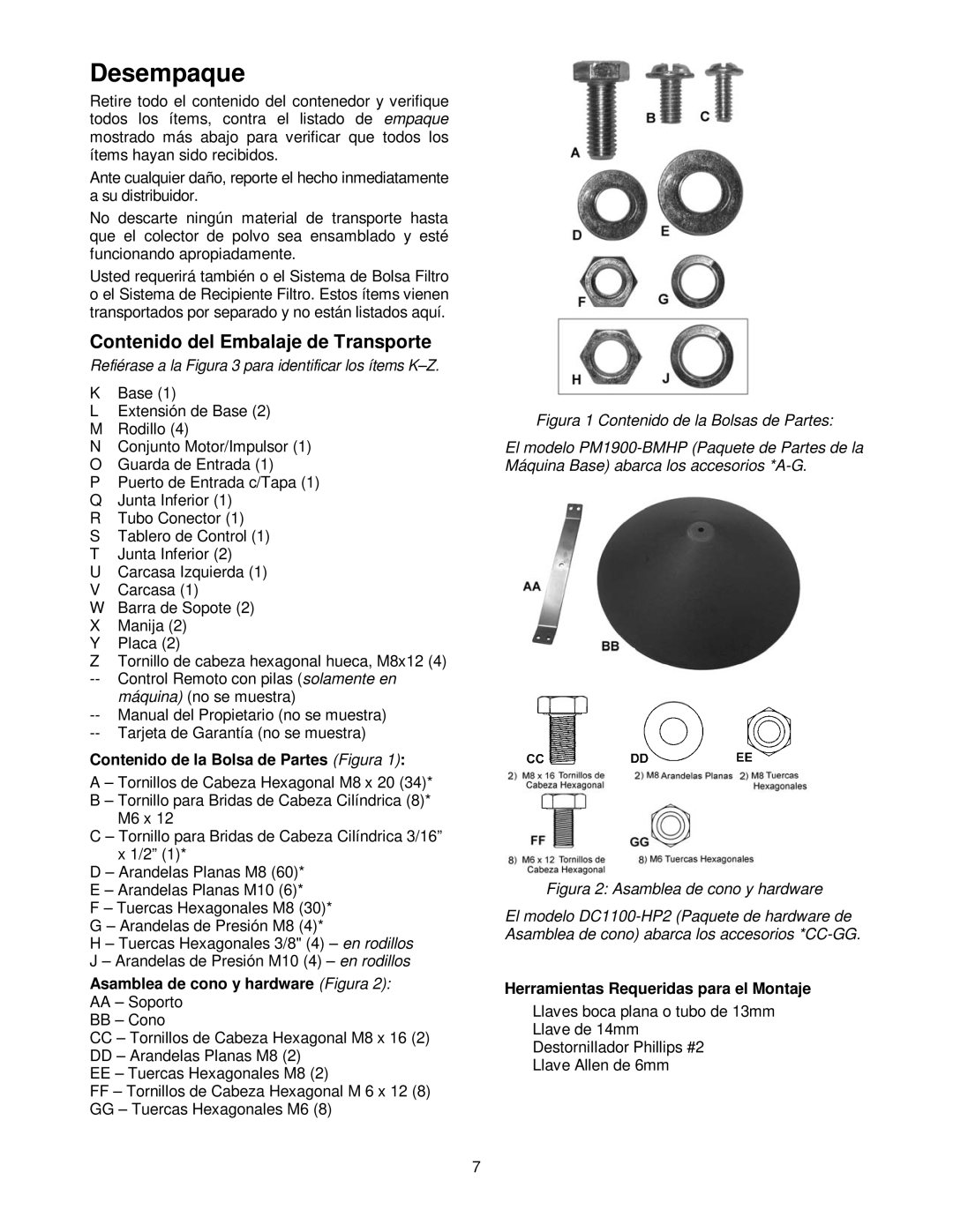 Powermatic PM1900TX manual Desempaque, Contenido del Embalaje de Transporte, Contenido de la Bolsa de Partes Figura 