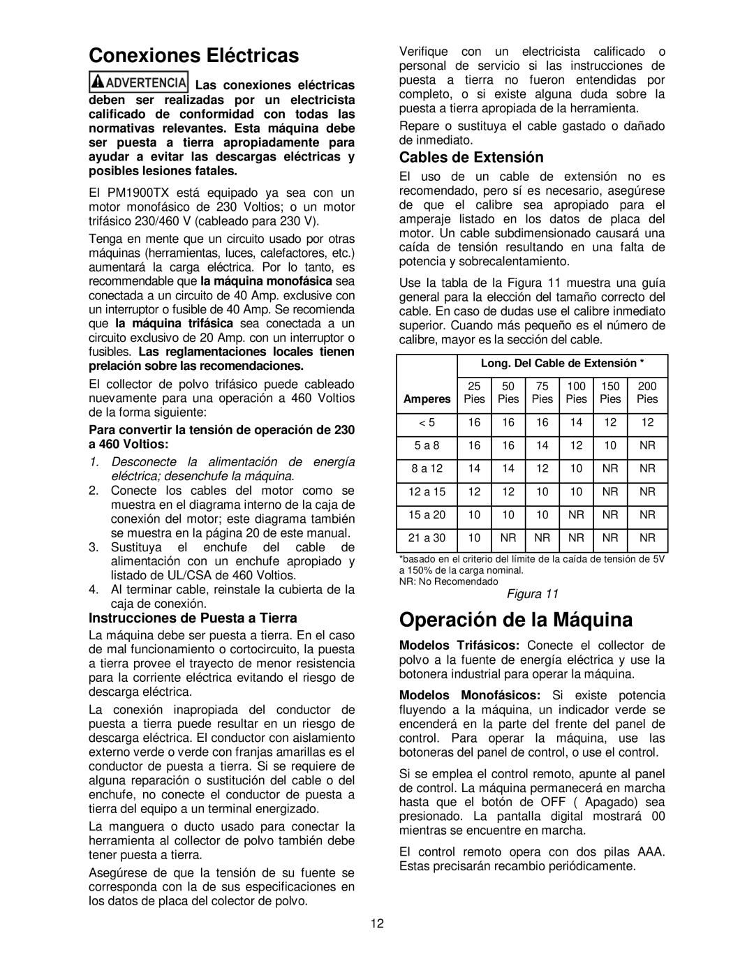 Powermatic PM1900TX manual Conexiones Eléctricas, Operación de la Máquina, Cables de Extensión 