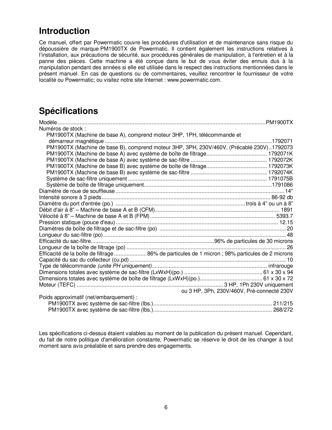 Powermatic PM1900TX manual Introduction Spécifications 