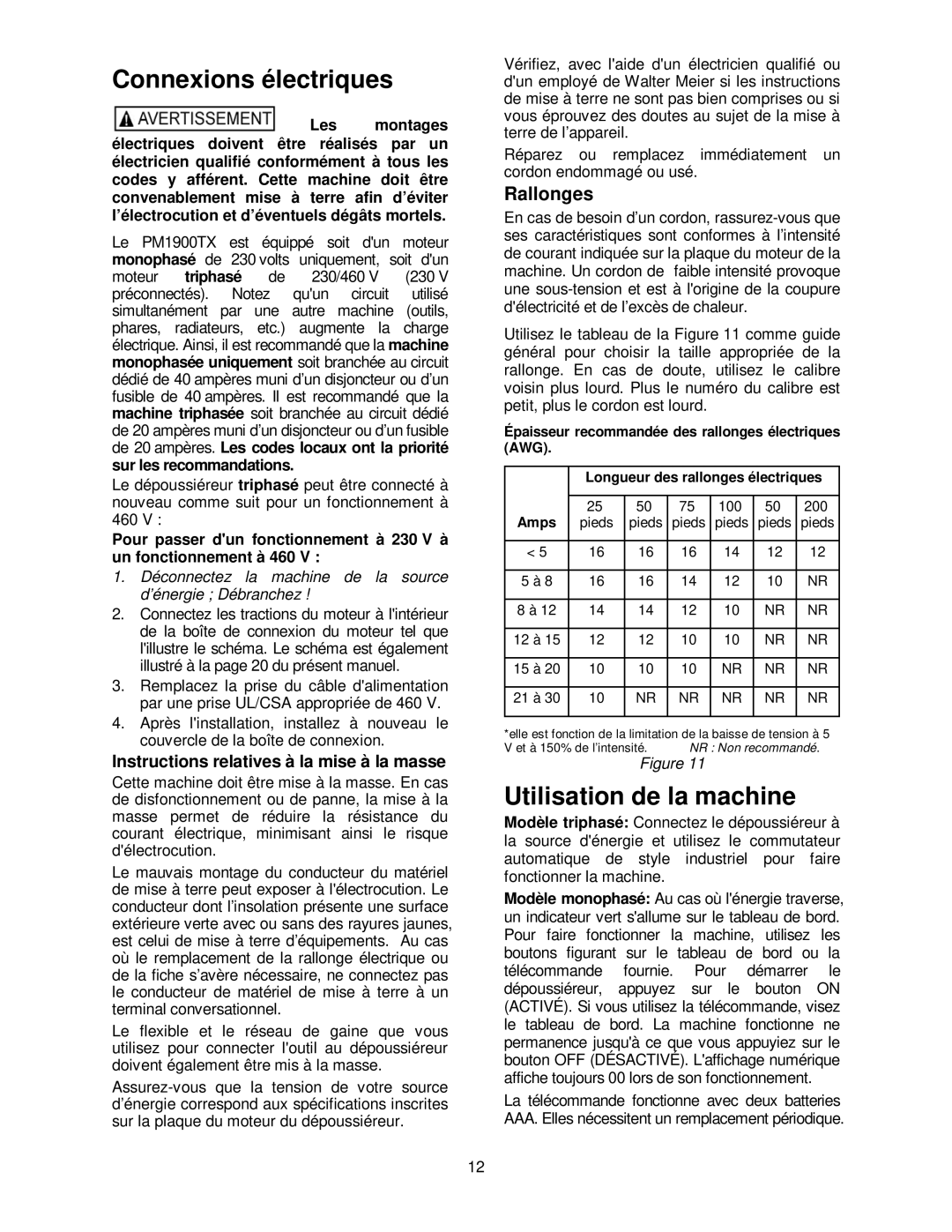 Powermatic PM1900TX manual Connexions électriques, Utilisation de la machine, Rallonges, Sur les recommandations 