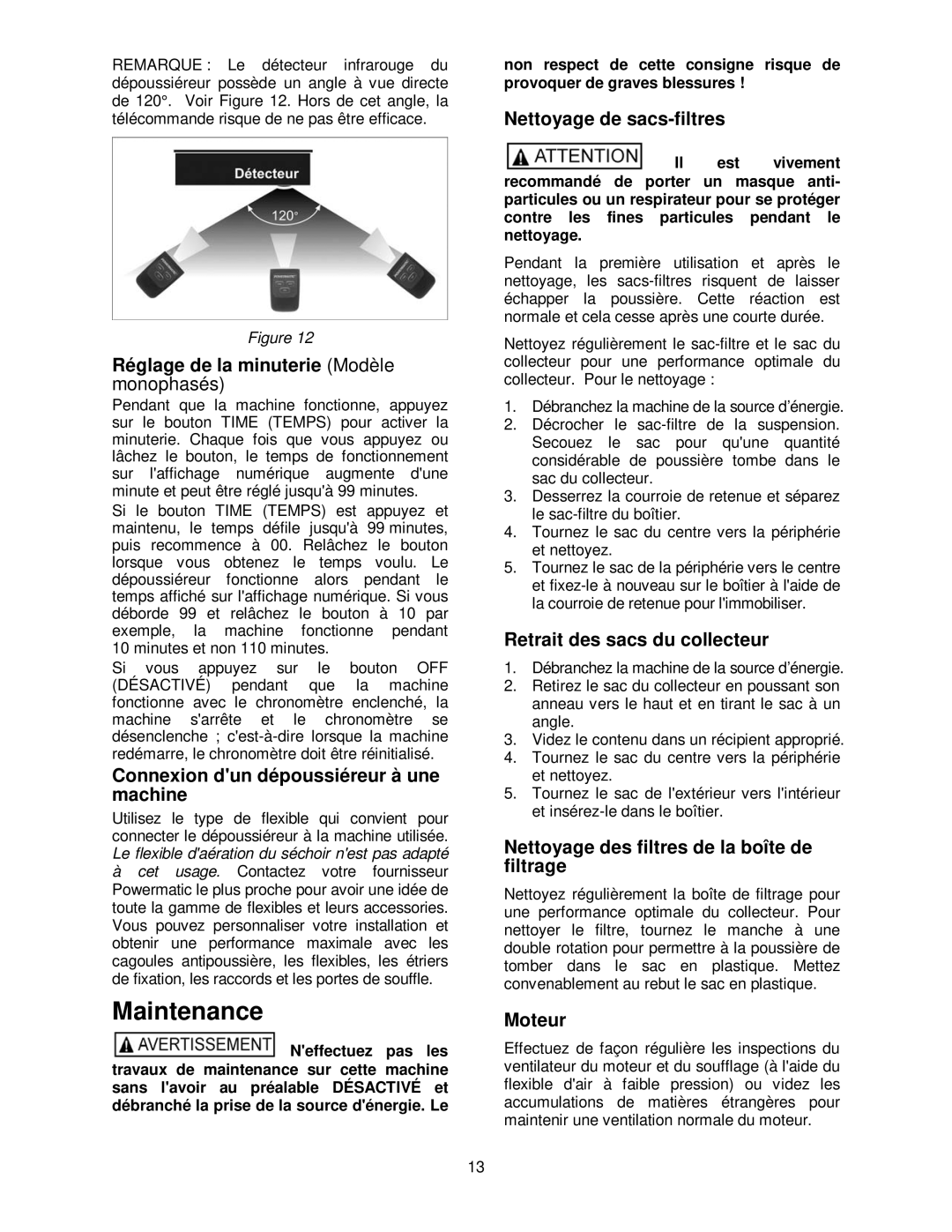 Powermatic PM1900TX Réglage de la minuterie Modèle, Connexion dun dépoussiéreur à une machine, Nettoyage de sacs-filtres 