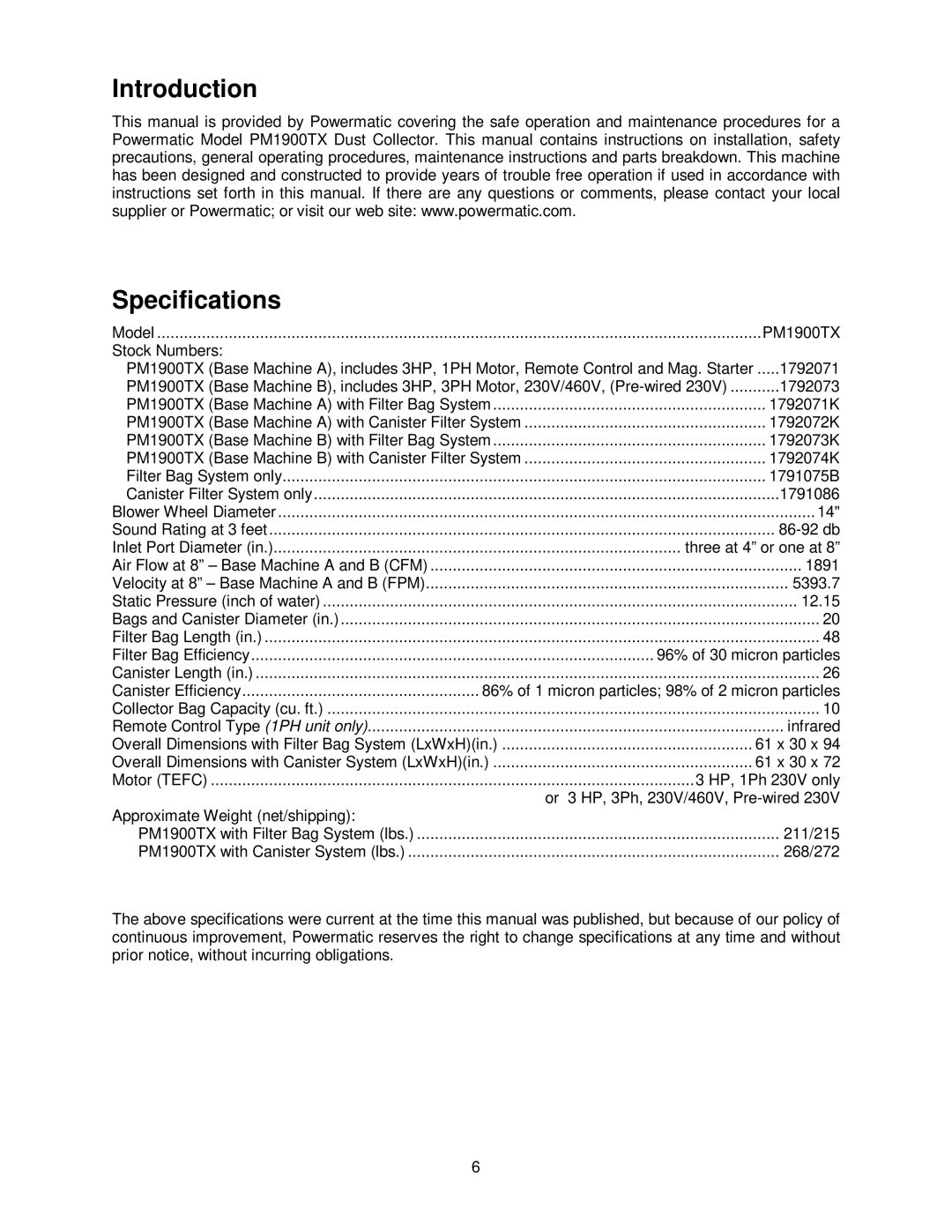 Powermatic PM1900TX manual Introduction Specifications 