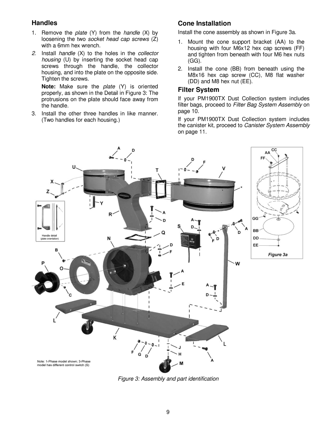 Powermatic PM1900TX manual Handles, Cone Installation, Filter System 