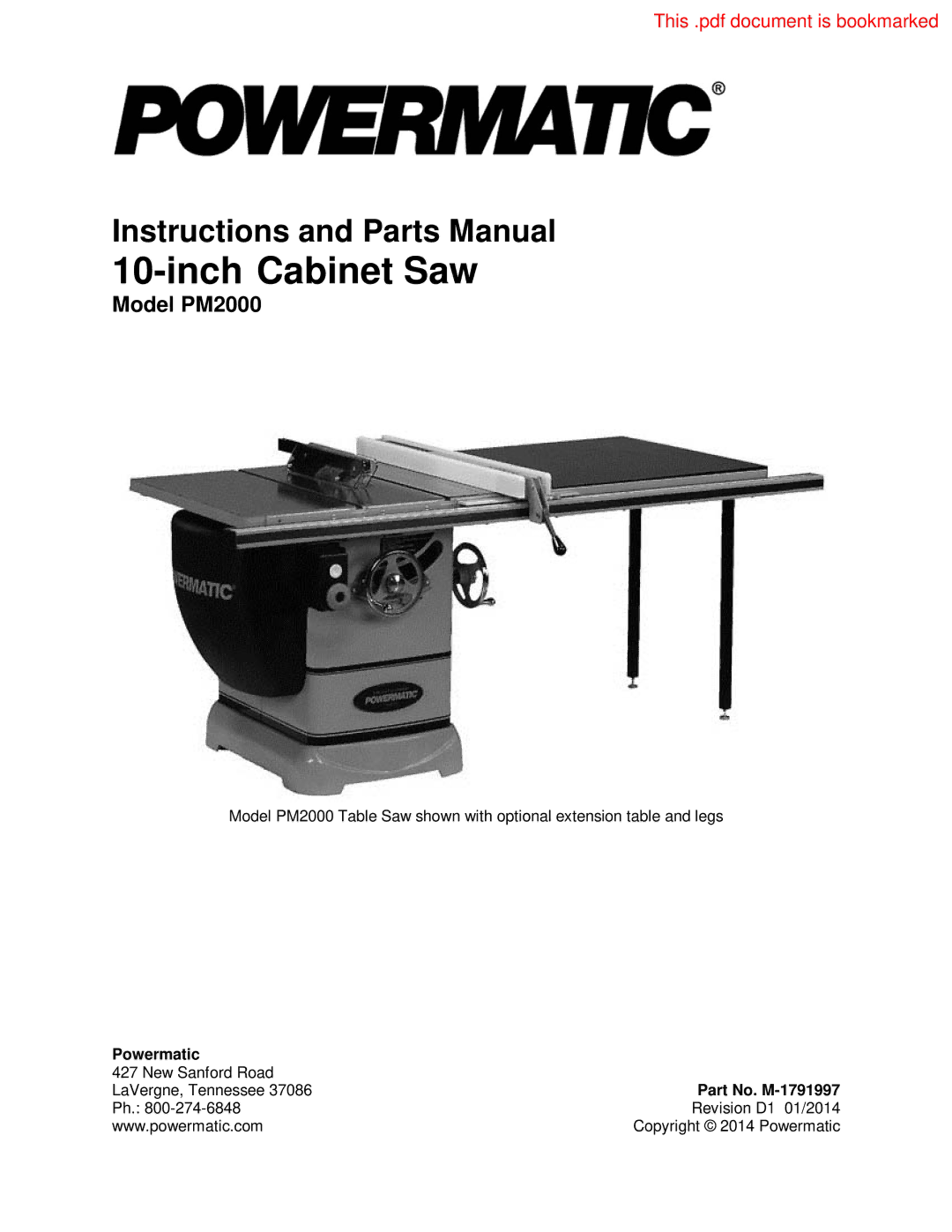 Powermatic PM2000 manual Inch Cabinet Saw 