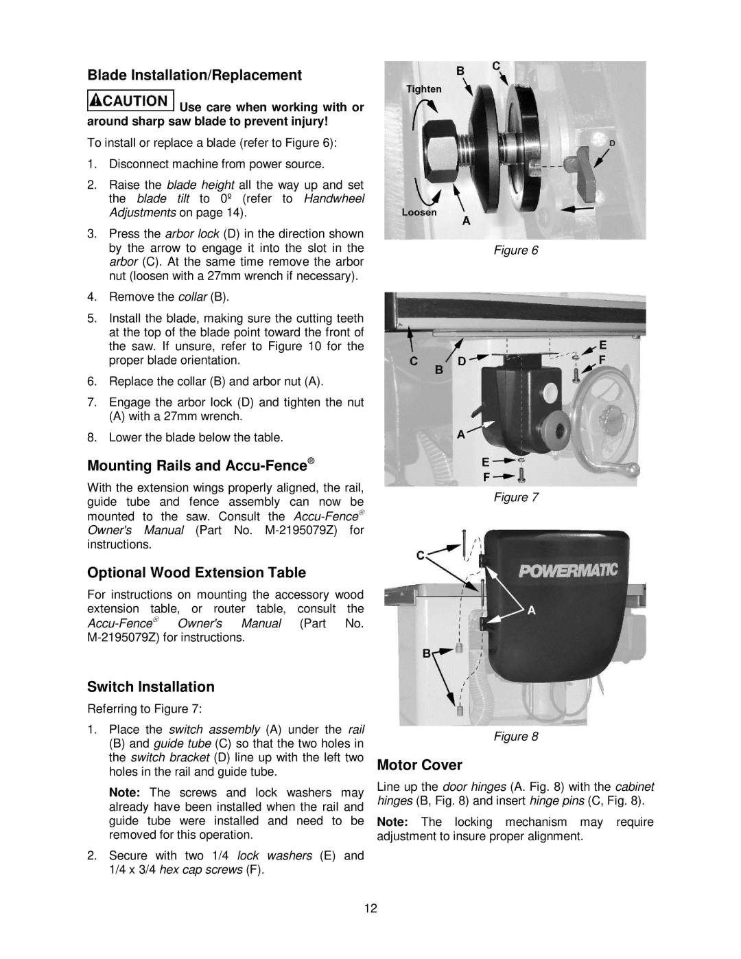 Powermatic PM2000 manual Blade Installation/Replacement, Motor Cover 