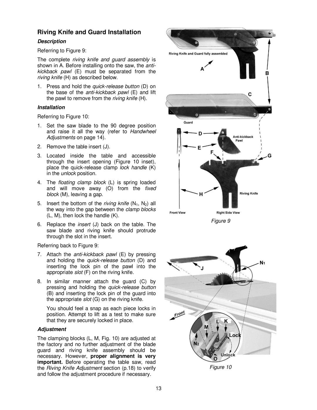 Powermatic PM2000 manual Riving Knife and Guard Installation, Description 