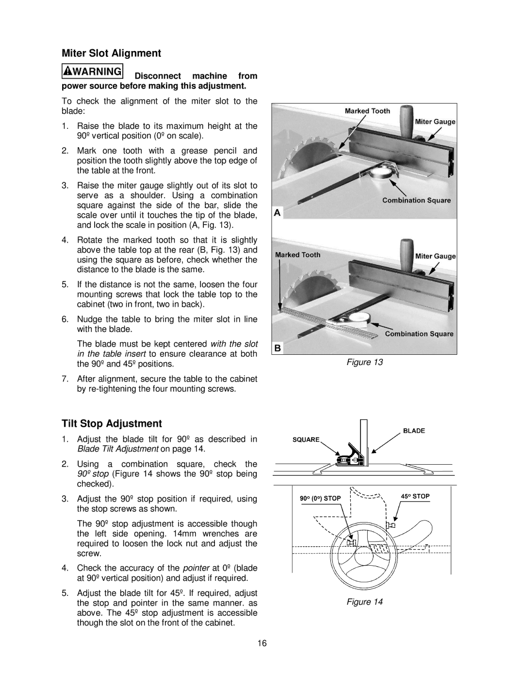 Powermatic PM2000 manual Miter Slot Alignment, Tilt Stop Adjustment 