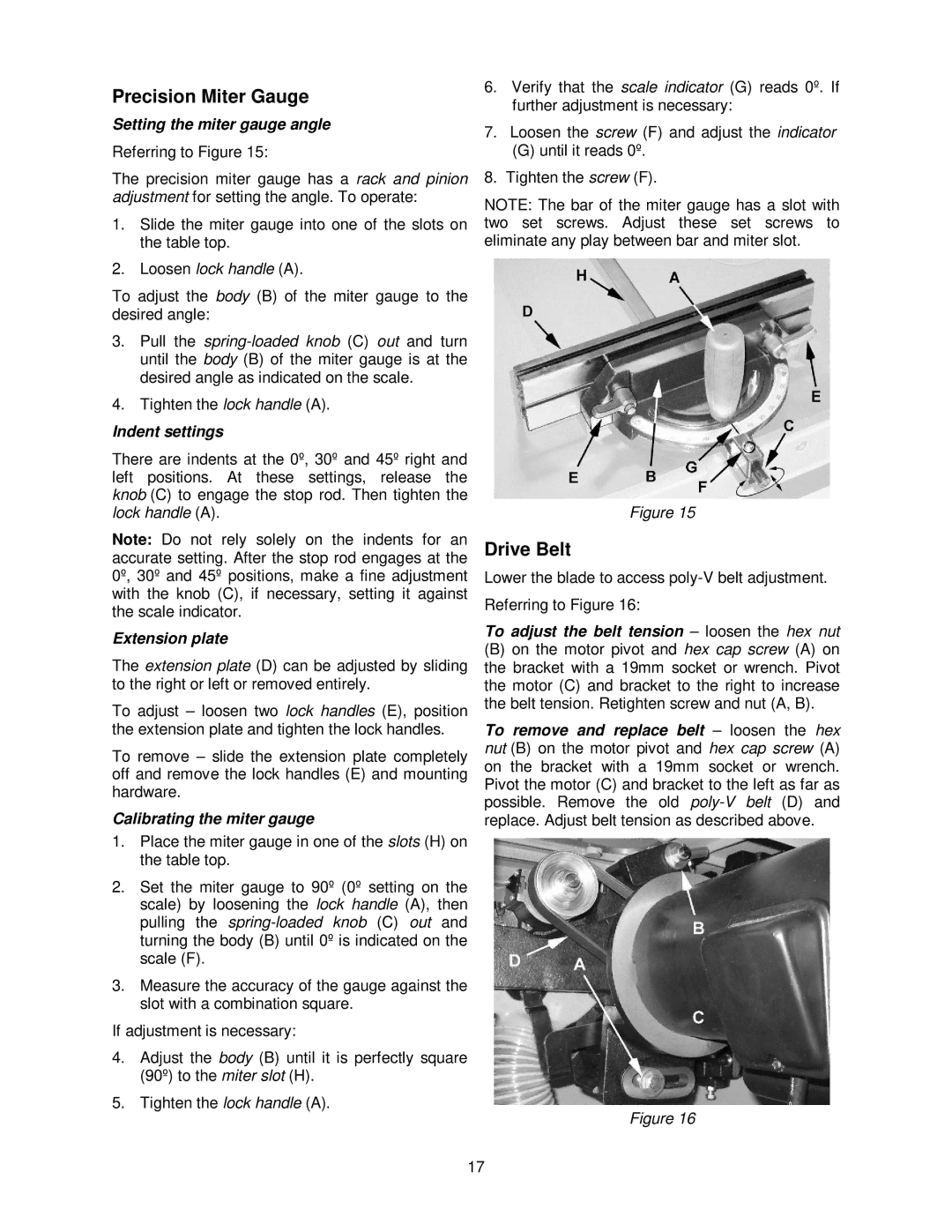 Powermatic PM2000 manual Precision Miter Gauge, Drive Belt 