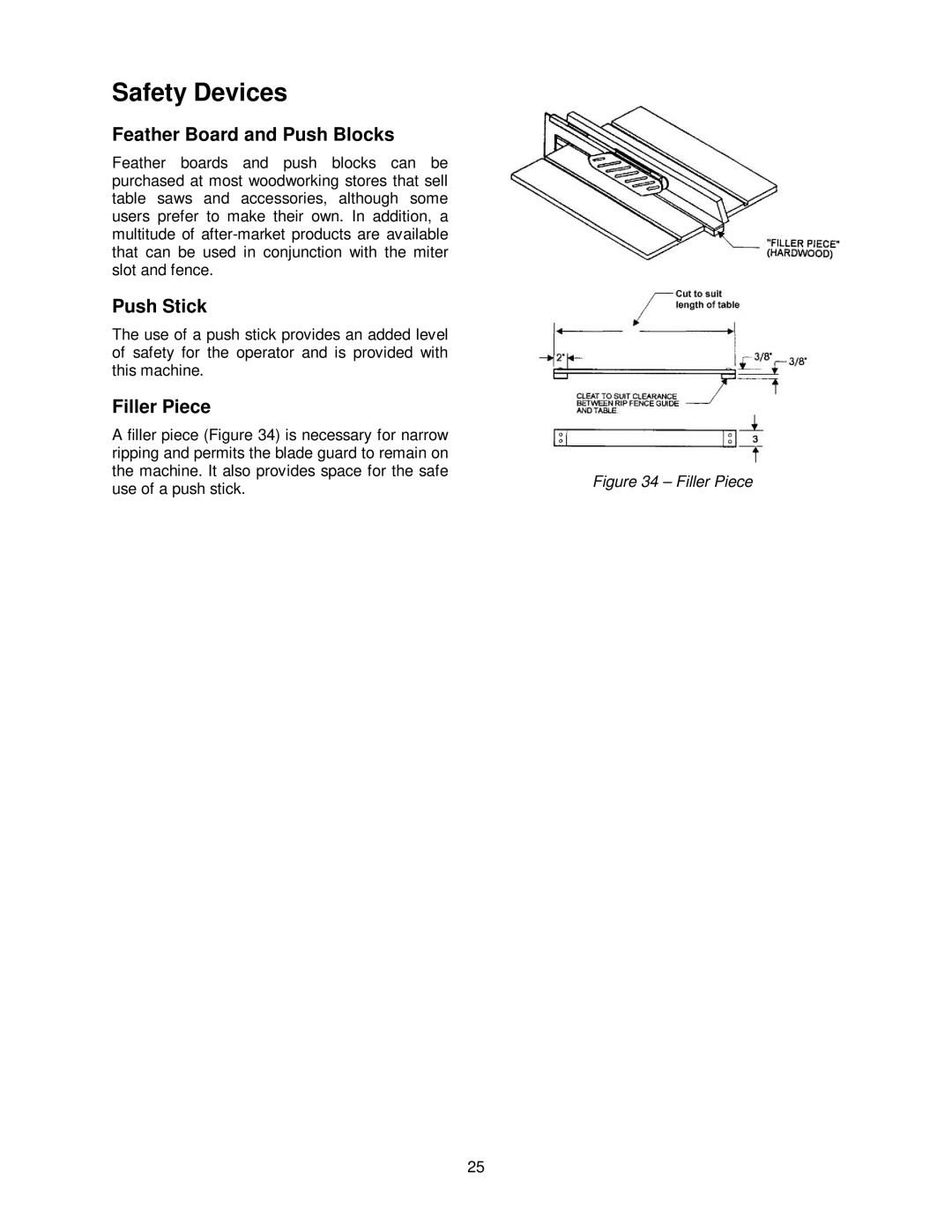 Powermatic PM2000 manual Safety Devices, Feather Board and Push Blocks, Push Stick, Filler Piece 